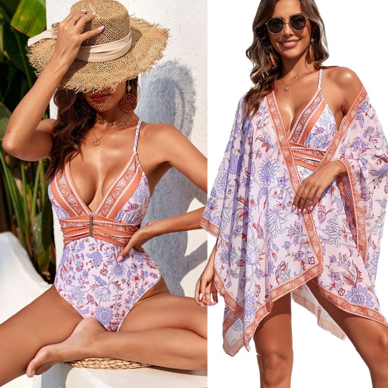 NDL2412--New printed swimsuit pleated swimsuit one-piece two-piece set