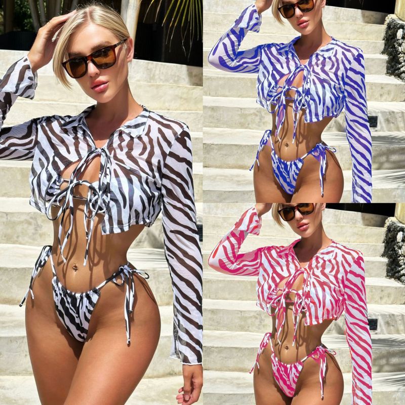 9069--Sexy new striped printed shirt collar mesh three-piece swimsuit