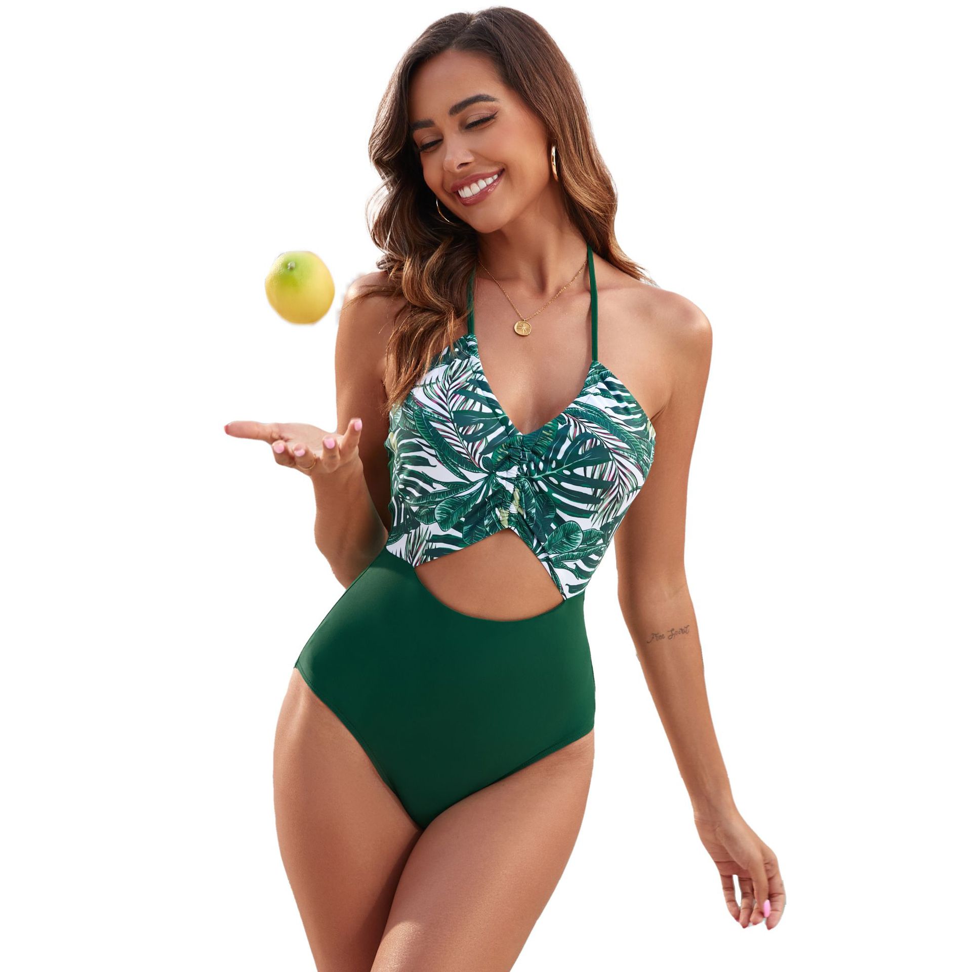 NDL2401--New printed patchwork leaf one-piece swimsuit