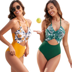 NDL2401--New printed patchwork leaf one-piece swimsuit