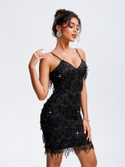 3021-1-1--New V-neck sequin tassel sleeveless suspender party hot diamond dress
