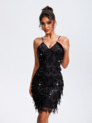3021-1-1--New V-neck sequin tassel sleeveless suspender party hot diamond dress