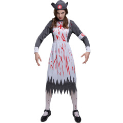 0906--Halloween Horror Print Fake Blood Nurse Costume