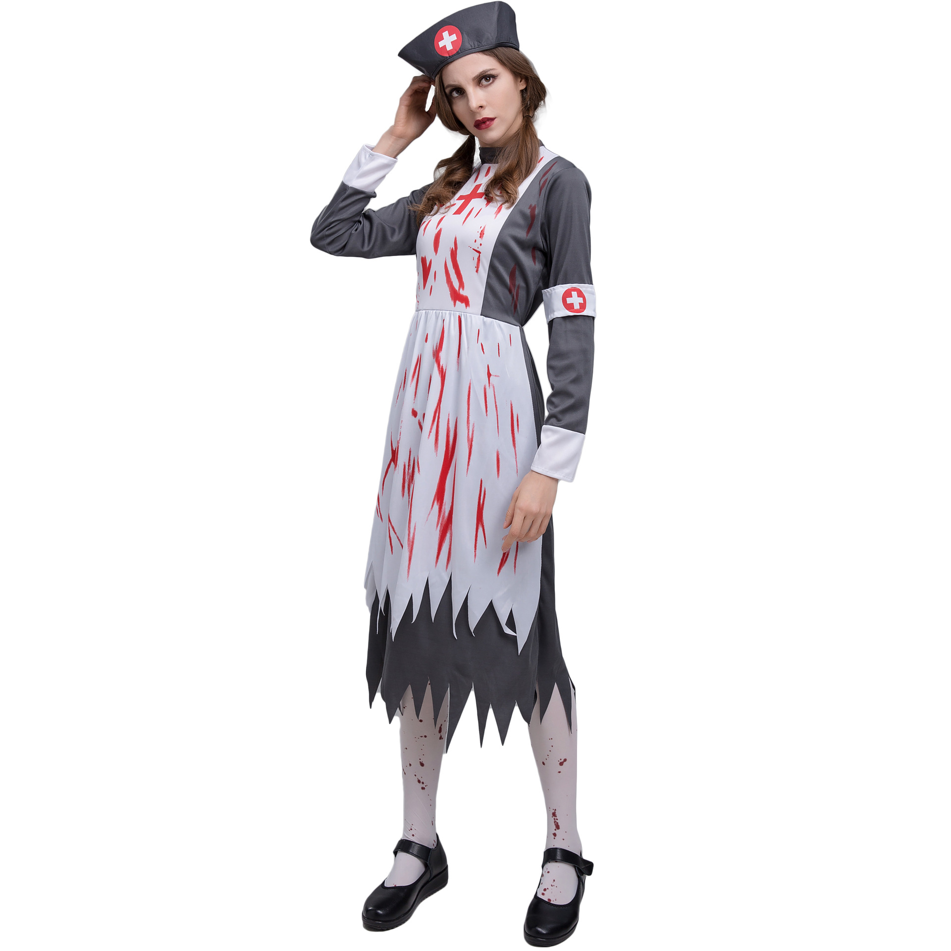 0906--Halloween Horror Print Fake Blood Nurse Costume
