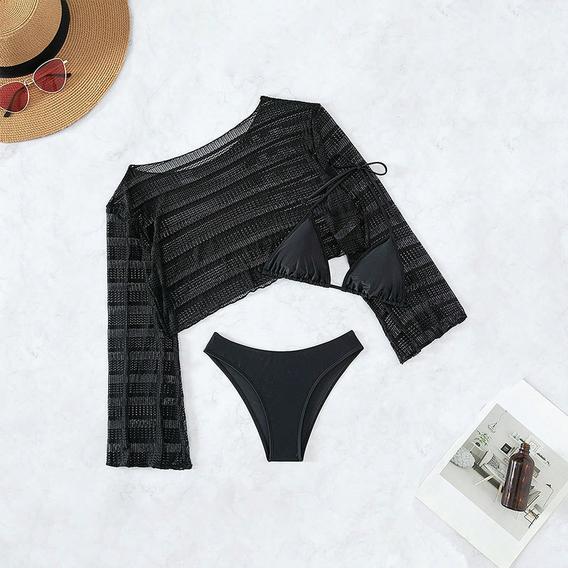 S8608--New mesh long-sleeved cover-up beach three-piece swimsuit bikini