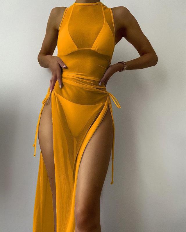 SGX-YXY20158--New solid color long skirt cover-up bikini beach skirt three-piece set