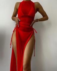SGX-YXY20158--New solid color long skirt cover-up bikini beach skirt three-piece set
