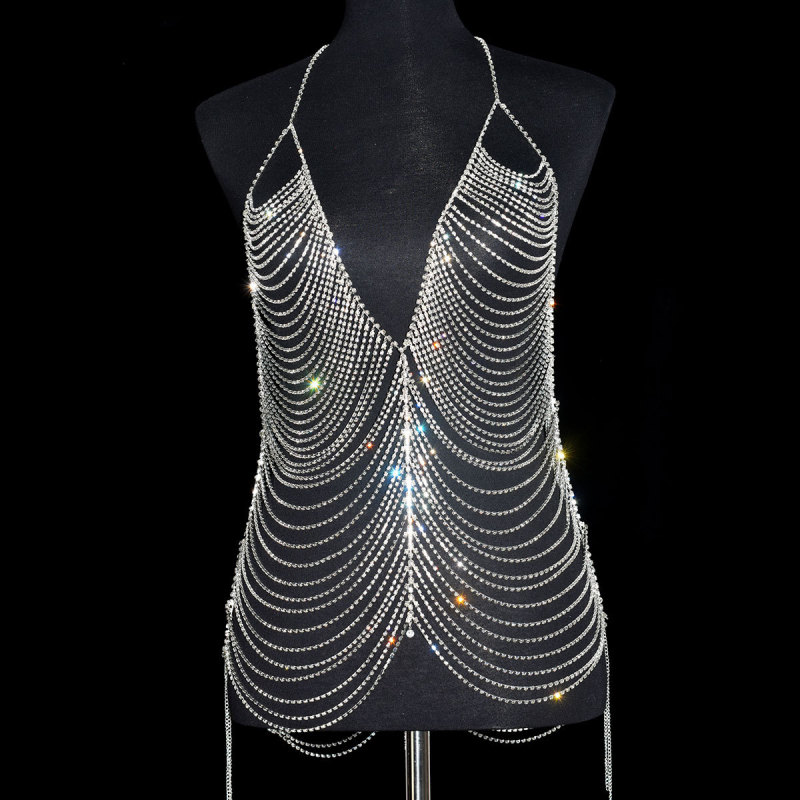 CC019--V-neck multi-layered rhinestone dress