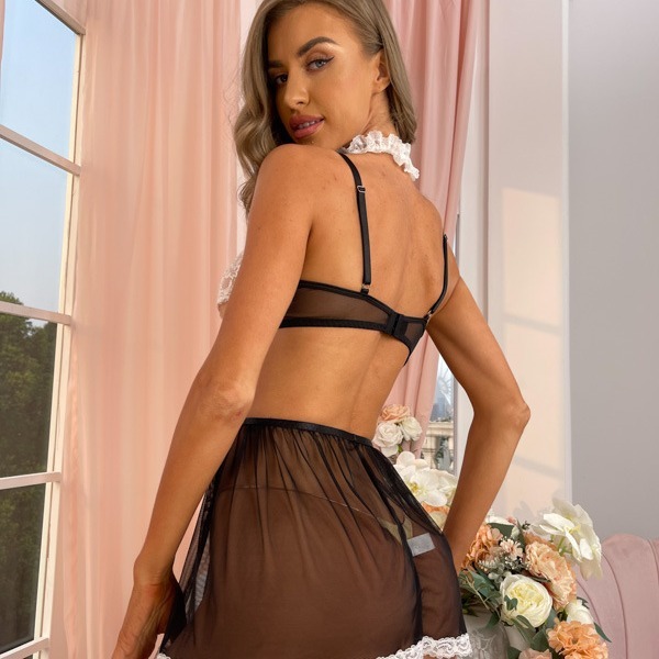 HF-2307--New lace mesh splicing see-through sexy maid uniform sexy suit