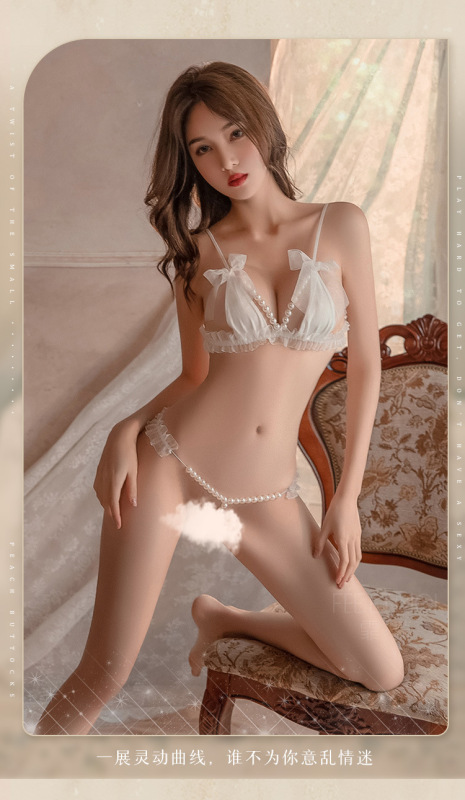 6536--Lace sheer pearl string three-point sexy lingerie