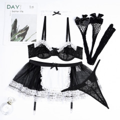 3567--New black and white lace contrasting sexy uniform maid 5-piece set