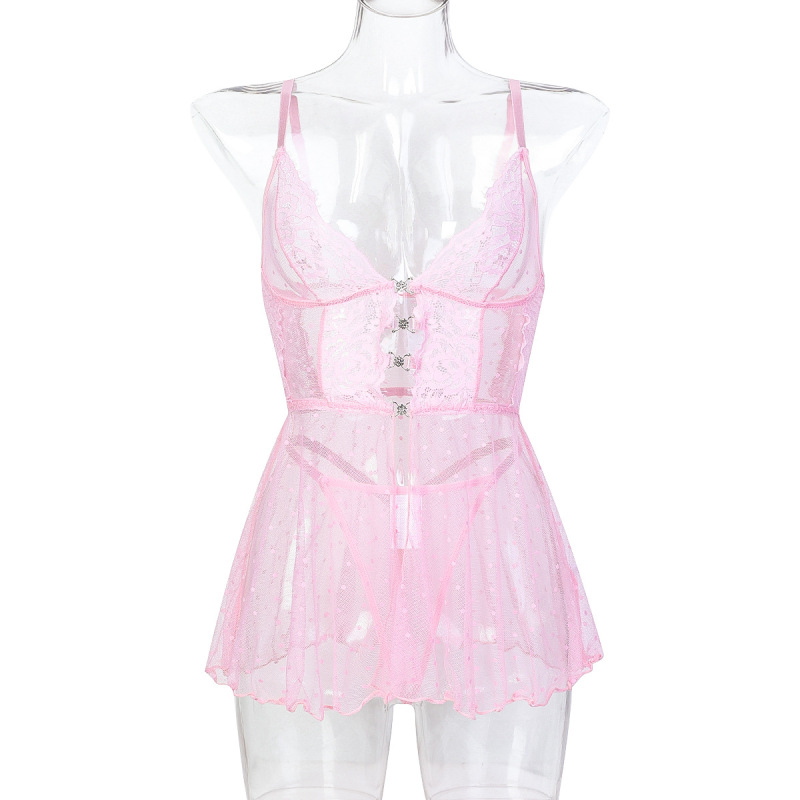 3569--Sexy polka dot see-through mesh lace crystal buckle suspender nightgown two-piece set
