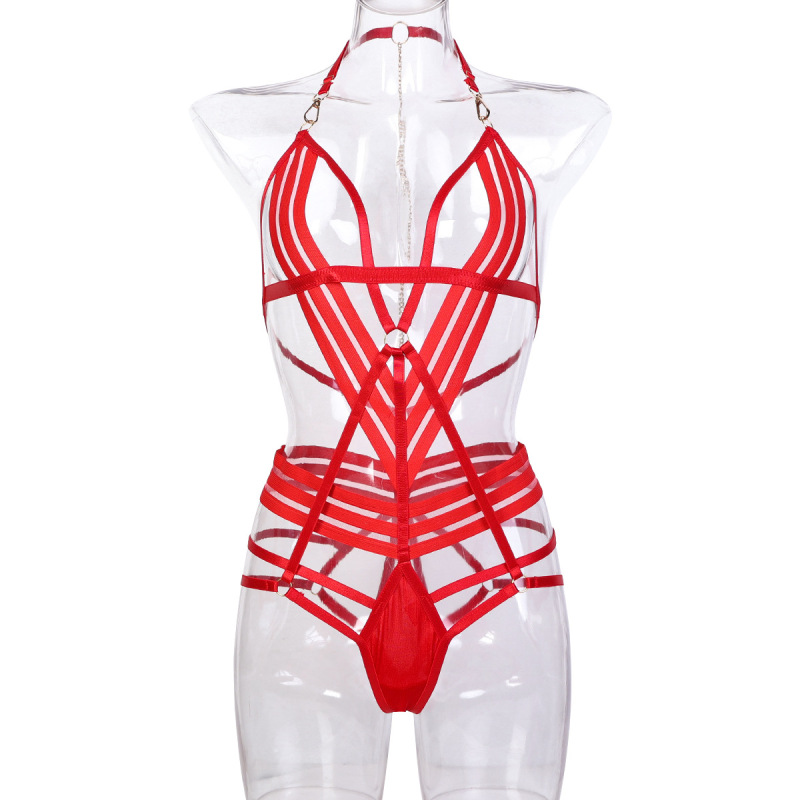 3561--Black bandage halter neck cross tight bra back chain hollow jumpsuit