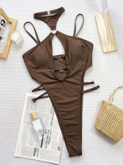 D928K--New one-piece bikini bikini solid color hollow strap one-piece swimsuit