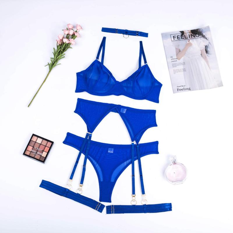 0048--New fashion sexy sexy lingerie mesh see-through temptation bra garter belt four-piece set