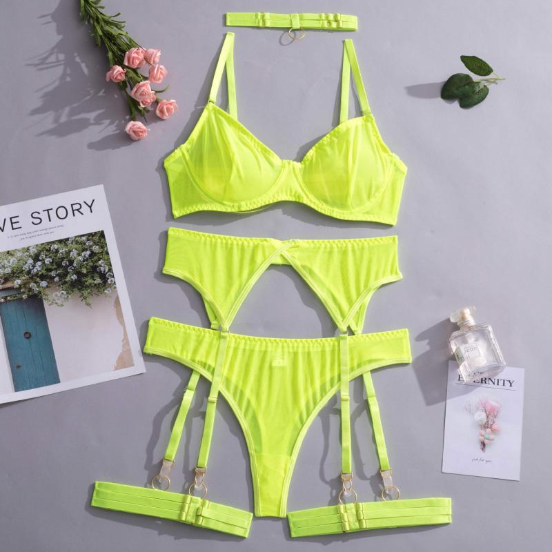 0048--New fashion sexy sexy lingerie mesh see-through temptation bra garter belt four-piece set