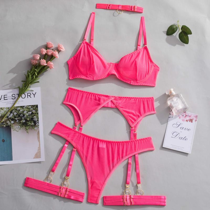 0048--New fashion sexy sexy lingerie mesh see-through temptation bra garter belt four-piece set
