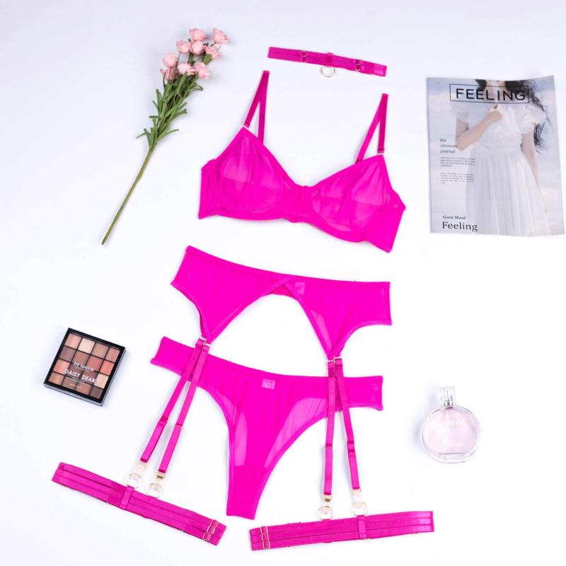 0048--New fashion sexy sexy lingerie mesh see-through temptation bra garter belt four-piece set