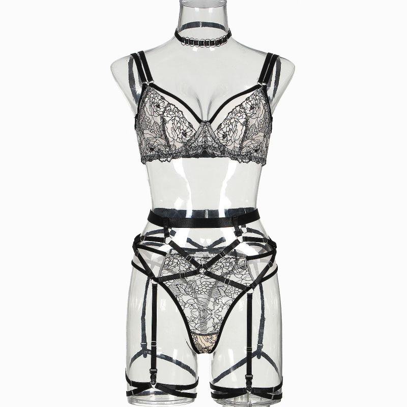 Z3393A--Sexy underwear neck collar garter set fashionable embroidered mesh splicing see-through sexy five-piece set