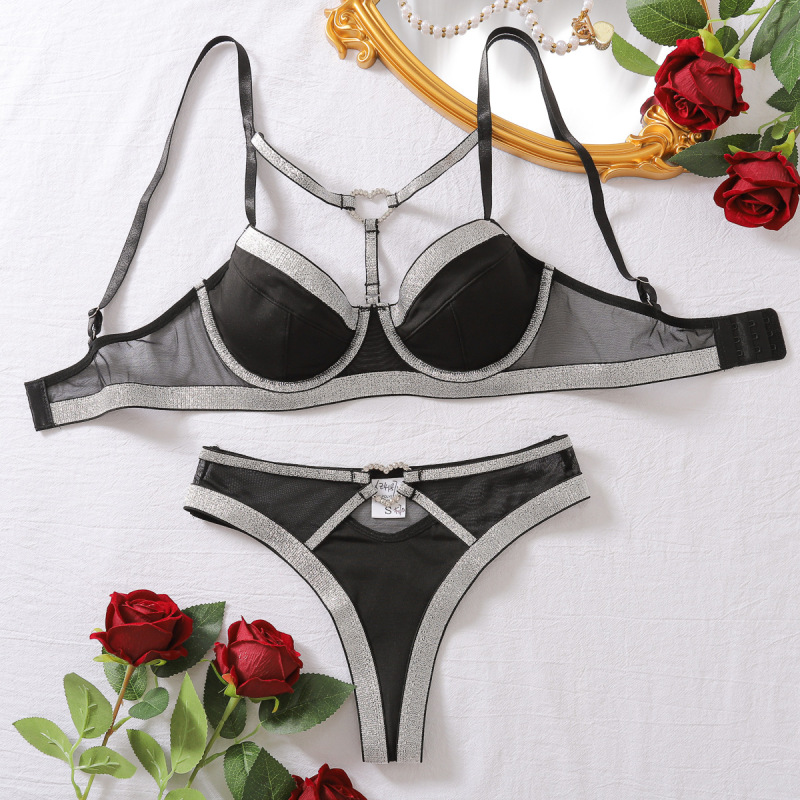XZ4187A--New contrasting color push-up bra set, love ring buckle mesh, see-through sexy underwear two-piece set