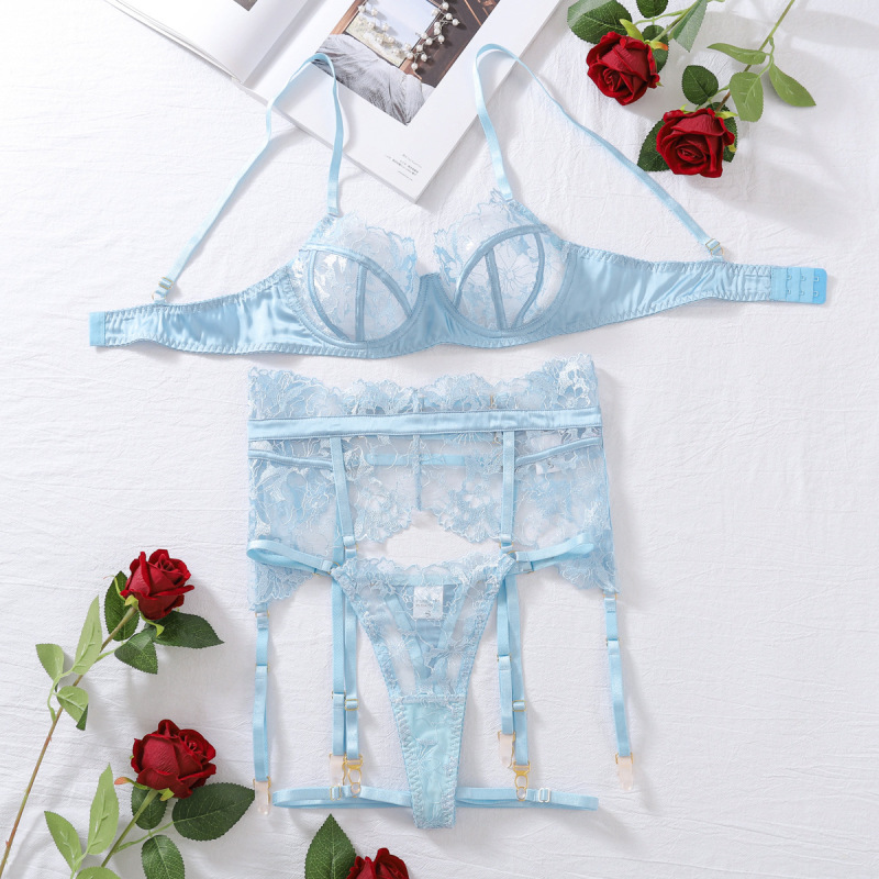 XZ4118L--Three-point erotic lingerie with lace embroidery, sexy see-through hollow steel ring push-up four-piece set