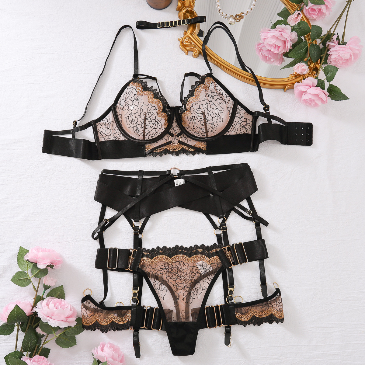 XZ3585L--New complex craftsmanship sexy see-through bra high quality embroidered contrasting color sexy underwear five-piece set