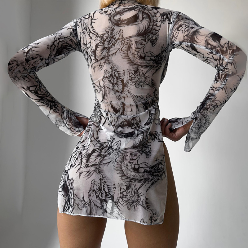 XZ4113L--High collar, long sleeves, tie-dyed mesh dress with high slits on the sides, two-piece thong set
