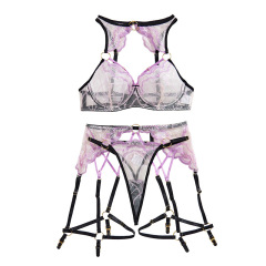 XZ3551L--Fashion new sexy three-piece set black and purple contrasting see-through embroidery heavy industry sexy underwear set