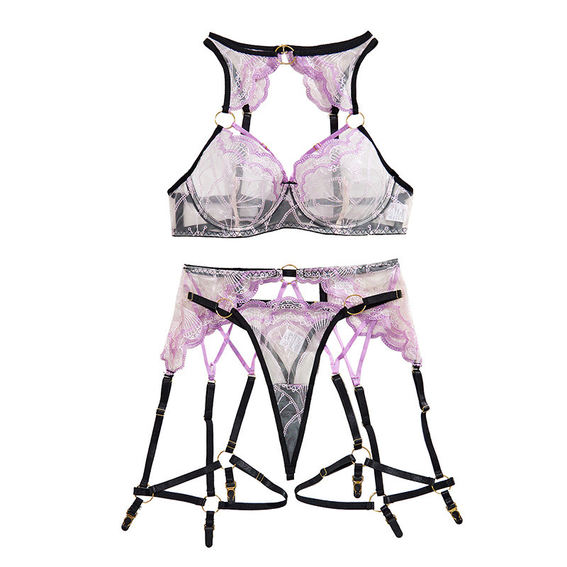 XZ3551L--Fashion new sexy three-piece set black and purple contrasting see-through embroidery heavy industry sexy underwear set