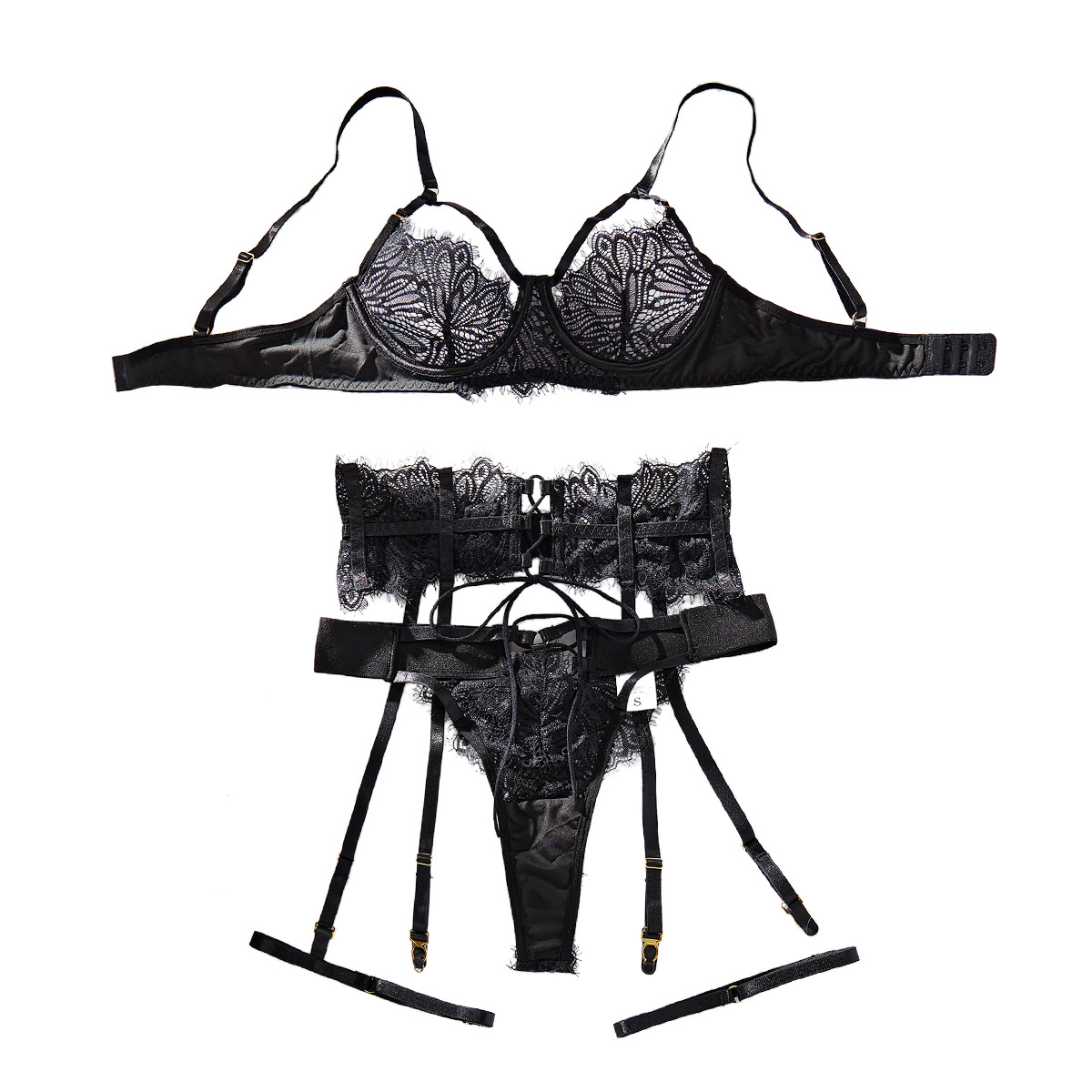 Z3667L--New lace embroidered hollow strap sexy lingerie push-up four-piece set