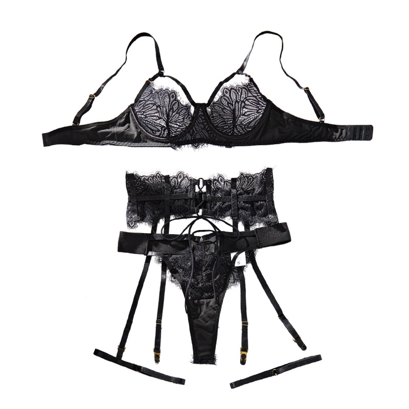 Z3667L--New lace embroidered hollow strap sexy lingerie push-up four-piece set