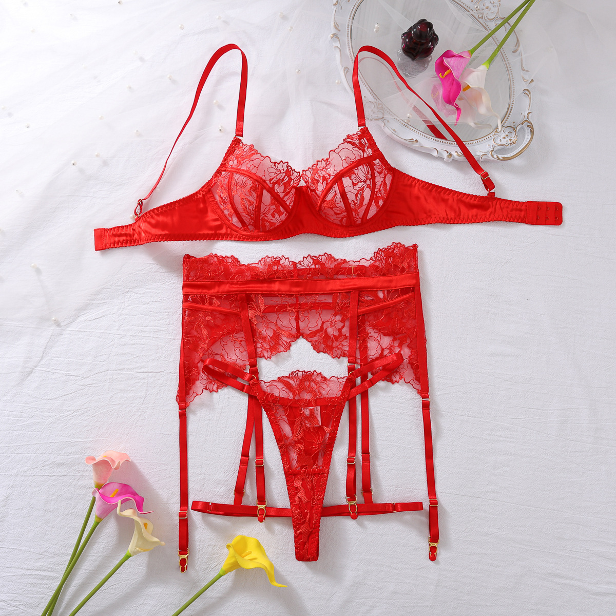 XZ4118L--Three-point erotic lingerie with lace embroidery, sexy see-through hollow steel ring push-up four-piece set