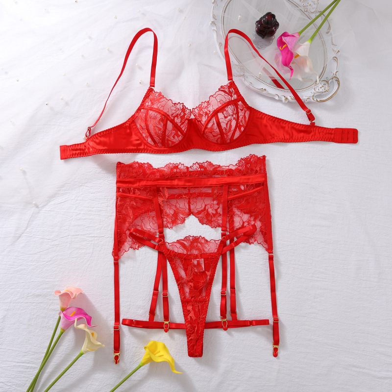 XZ4118L--Three-point erotic lingerie with lace embroidery, sexy see-through hollow steel ring push-up four-piece set