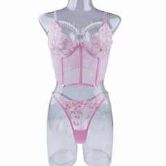 HF-6092--Lace embroidery floral pearl chain splicing thin sexy lingerie set