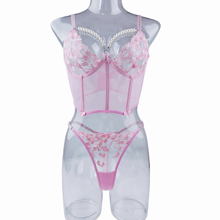 HF-6092--Lace embroidery floral pearl chain splicing thin sexy lingerie set