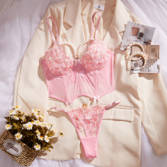 HF-6092--Lace embroidery floral pearl chain splicing thin sexy lingerie set