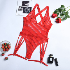 W647--Hot-selling sexy one-piece striped stitching sexy push-up see-through backless