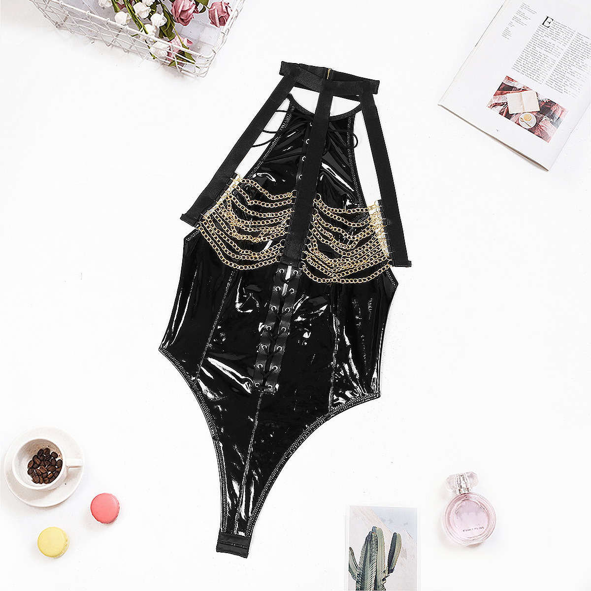 XZ3613L--Sexy temptation tied metal chain patent leather uniform passionate sexy lingerie jumpsuit