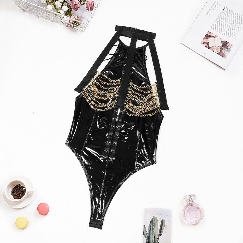 XZ3613L--Sexy temptation tied metal chain patent leather uniform passionate sexy lingerie jumpsuit