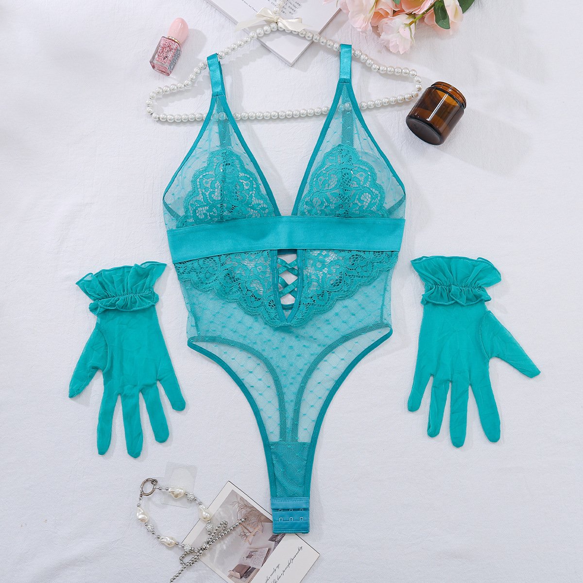 Z3771L--Sexy polka-dot mesh lace stitching low-cut no-wire sexy one-piece suit
