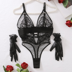 Z3771L--Sexy polka-dot mesh lace stitching low-cut no-wire sexy one-piece suit