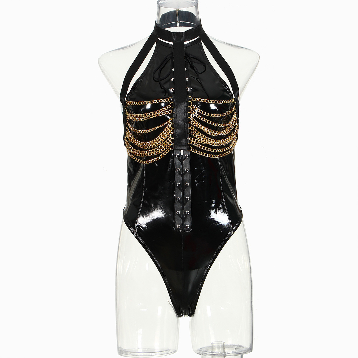 XZ3613L--Sexy temptation tied metal chain patent leather uniform passionate sexy lingerie jumpsuit