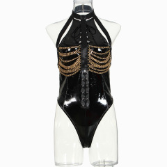 XZ3613L--Sexy temptation tied metal chain patent leather uniform passionate sexy lingerie jumpsuit