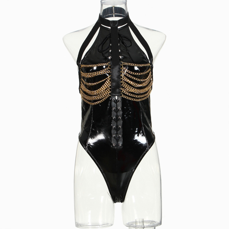 XZ3613L--Sexy temptation tied metal chain patent leather uniform passionate sexy lingerie jumpsuit