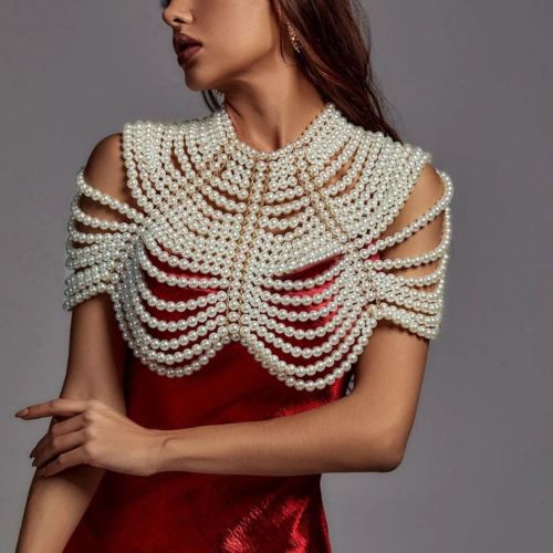 24017--Hand-woven imitation pearl long necklace fashionable girl sexy hollow shawl chain