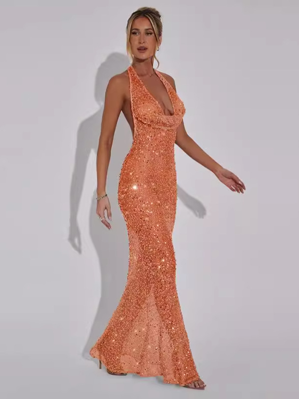 K24D55150--Sexy sequined deep V halter neck slim backless slightly transparent evening dress