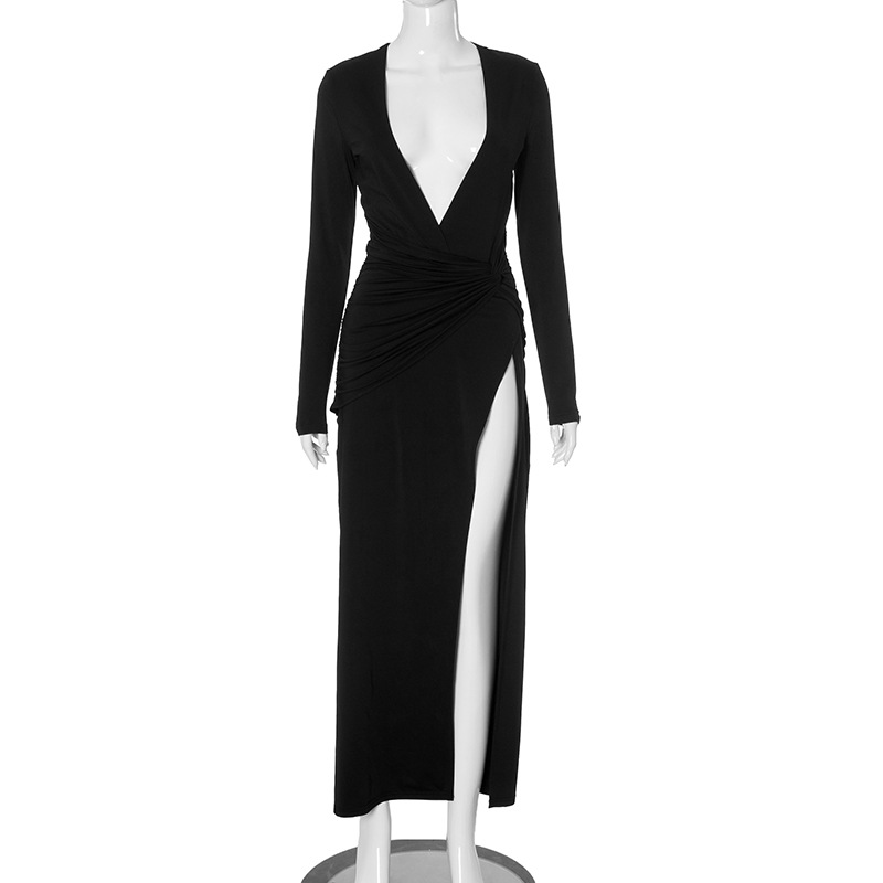 H24DS215--Women's autumn and winter new sexy slim-fitting long-sleeved deep V-neck high-slit dress