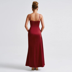 80263--Fashion style sexy slim fit satin slit dress with a hooded collar