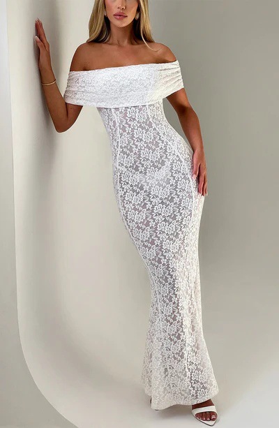 Q98--New style one-shoulder lace dress with open back and sexy long hip skirt
