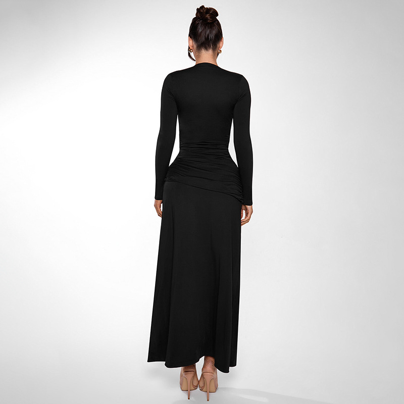H24DS215--Women's autumn and winter new sexy slim-fitting long-sleeved deep V-neck high-slit dress